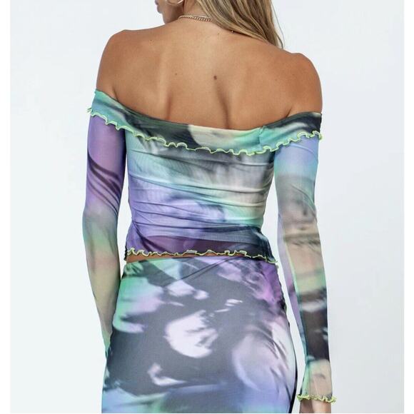 Princess Polly Great Delusions Off Shoulder‎ Long Sleeve Top Size 2 Sheer Mesh - Picture 4 of 9